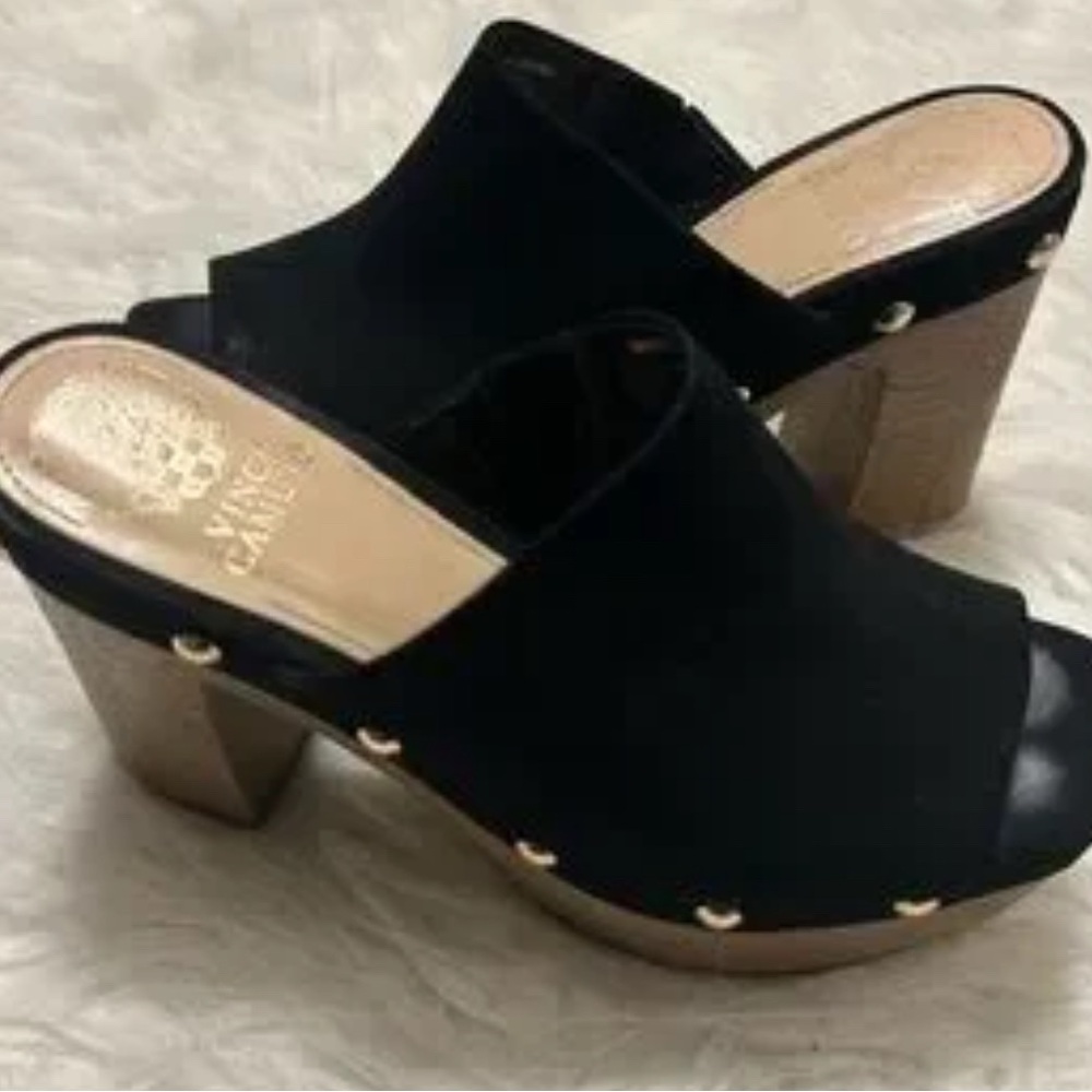 Vince Camuto Black and Gold Block Heel Mules